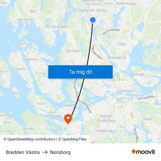 Bredden Västra to Norsborg map