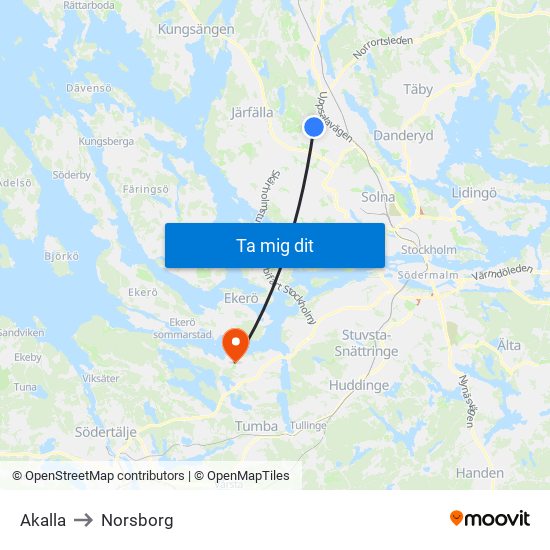 Akalla to Norsborg map