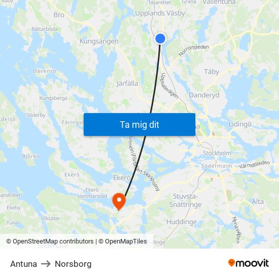Antuna to Norsborg map