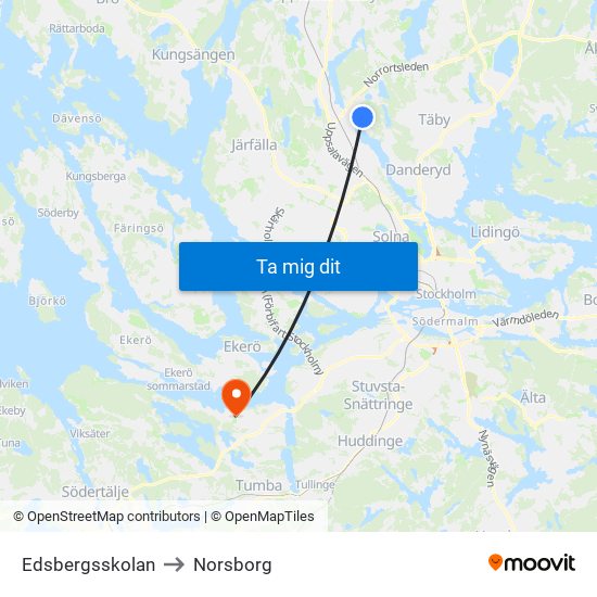 Edsbergsskolan to Norsborg map