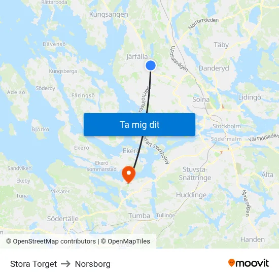 Stora Torget to Norsborg map