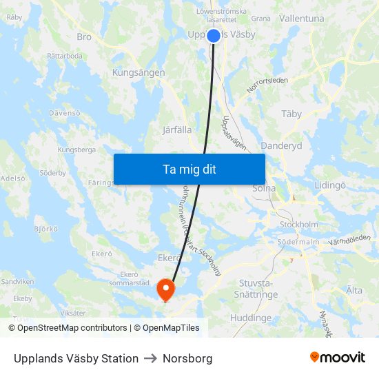 Upplands Väsby Station to Norsborg map