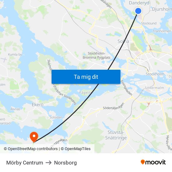 Mörby Centrum to Norsborg map