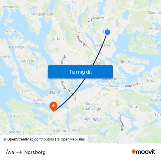 Åva to Norsborg map