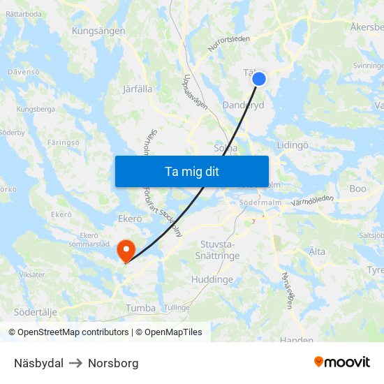 Näsbydal to Norsborg map