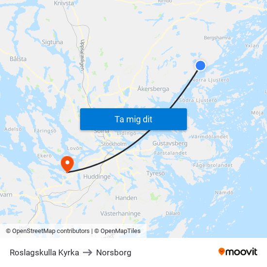 Roslagskulla Kyrka to Norsborg map