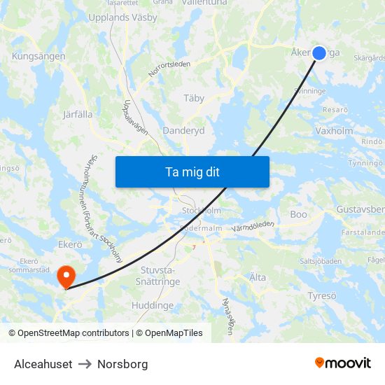 Alceahuset to Norsborg map