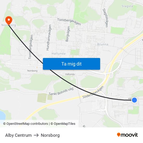Alby Centrum to Norsborg map