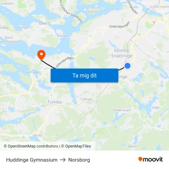 Huddinge Gymnasium to Norsborg map