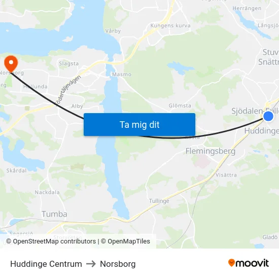 Huddinge Centrum to Norsborg map