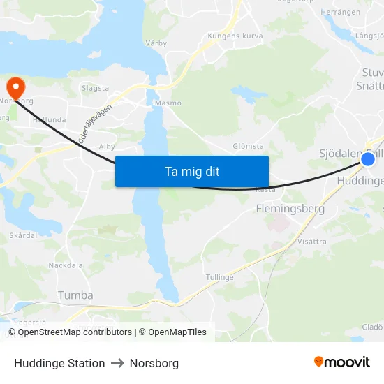 Huddinge Station to Norsborg map