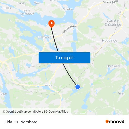 Lida to Norsborg map