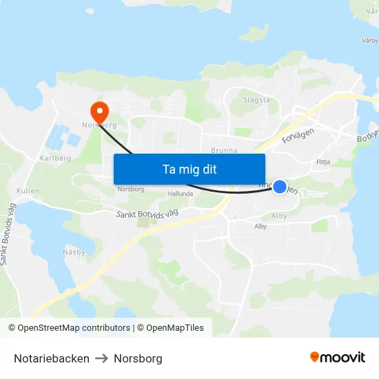 Notariebacken to Norsborg map