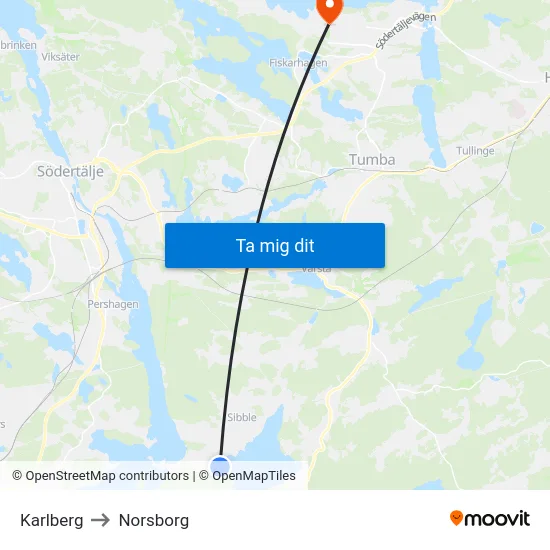 Karlberg to Norsborg map