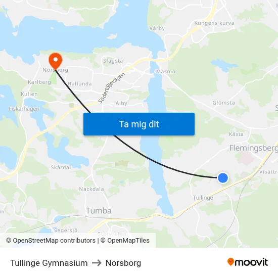 Tullinge Gymnasium to Norsborg map