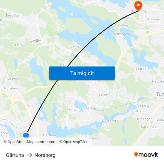 Gärtuna to Norsborg map