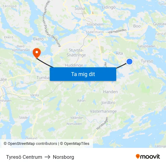 Tyresö Centrum to Norsborg map