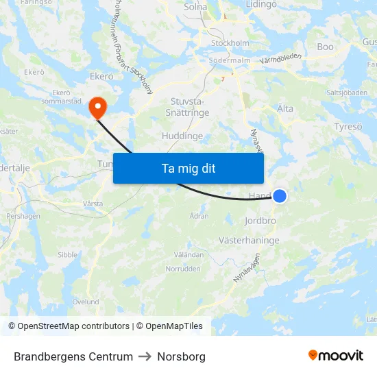 Brandbergens Centrum to Norsborg map