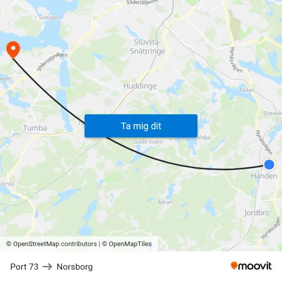 Port 73 to Norsborg map