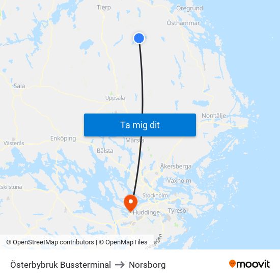 Österbybruk Bussterminal to Norsborg map