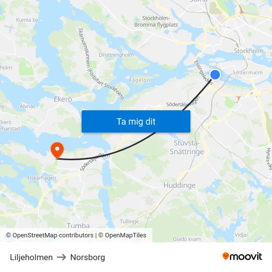 Liljeholmen to Norsborg map