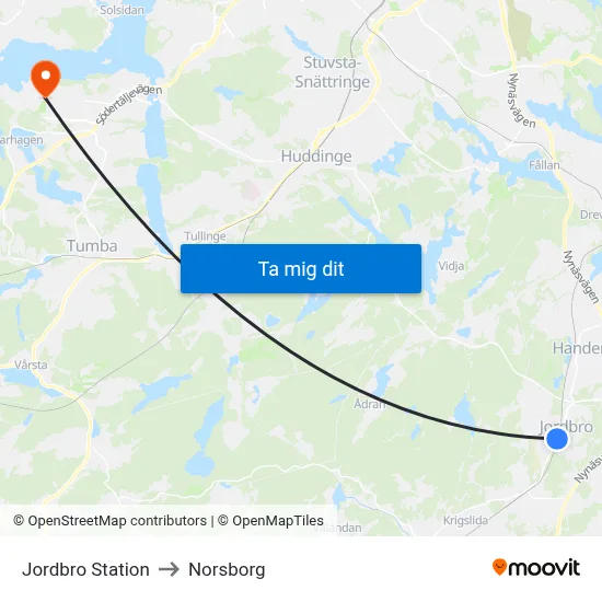 Jordbro Station to Norsborg map