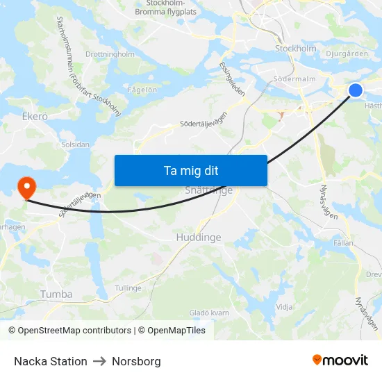 Nacka Station to Norsborg map