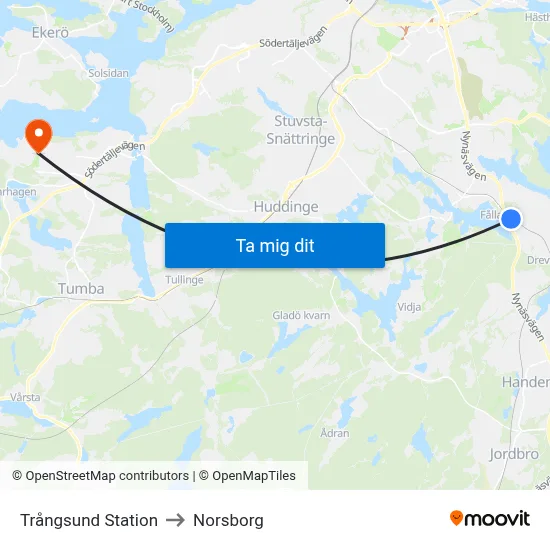 Trångsund Station to Norsborg map