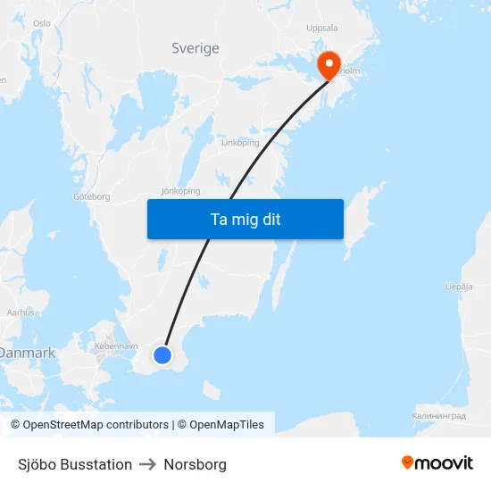 Sjöbo Busstation to Norsborg map