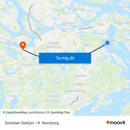 Solsidan Station to Norsborg map