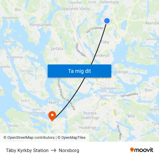 Täby Kyrkby Station to Norsborg map