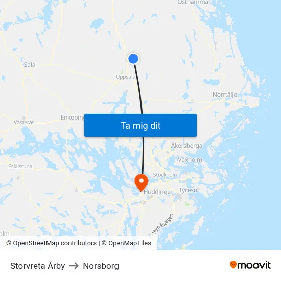 Storvreta Årby to Norsborg map