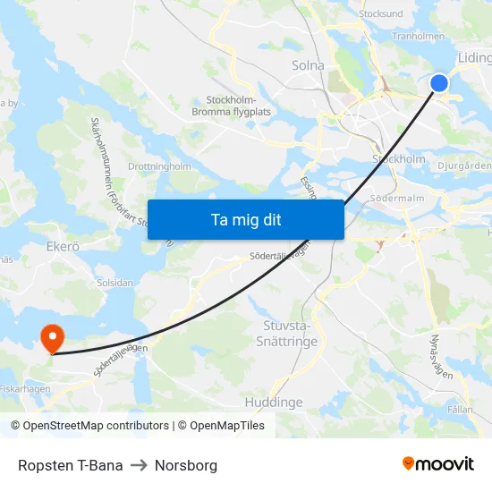 Ropsten T-Bana to Norsborg map