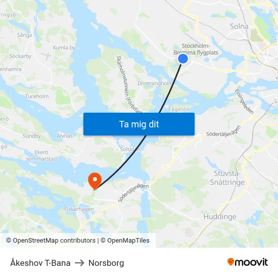 Åkeshov T-Bana to Norsborg map