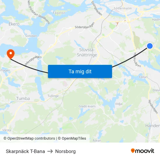 Skarpnäck T-Bana to Norsborg map