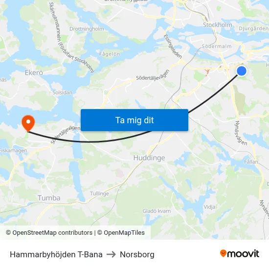 Hammarbyhöjden T-Bana to Norsborg map