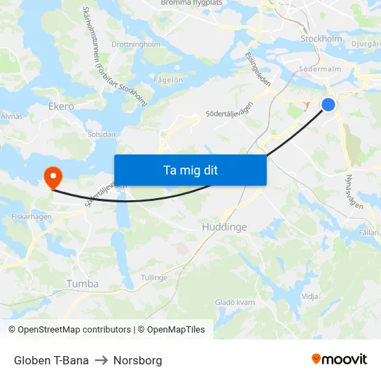 Globen T-Bana to Norsborg map