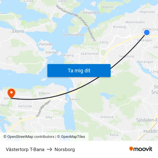 Västertorp T-Bana to Norsborg map