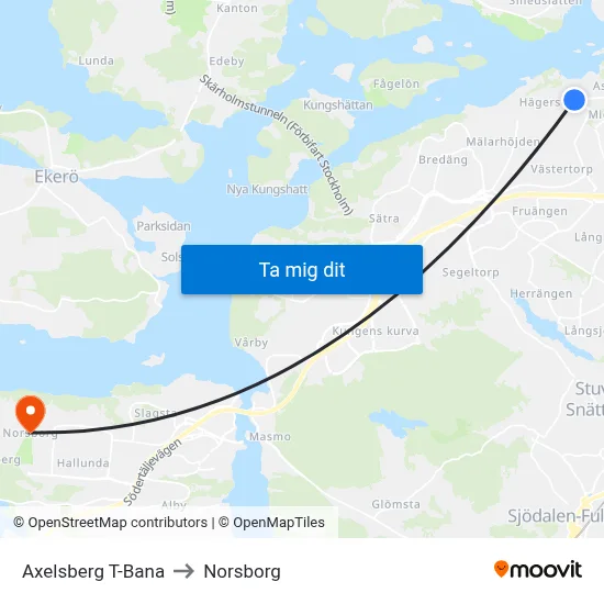 Axelsberg T-Bana to Norsborg map