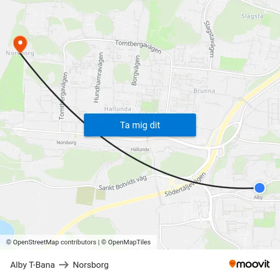 Alby T-Bana to Norsborg map