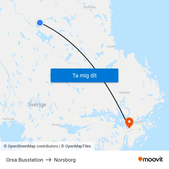 Orsa Busstation to Norsborg map