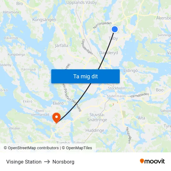 Visinge Station to Norsborg map
