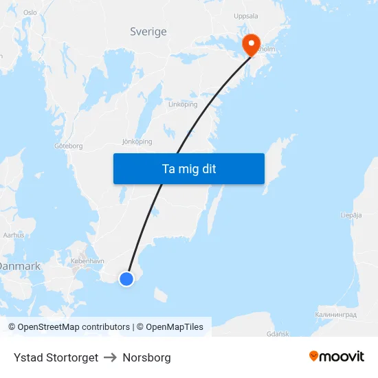 Ystad Stortorget to Norsborg map