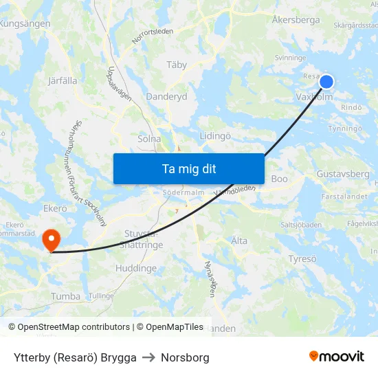 Ytterby (Resarö) Brygga to Norsborg map