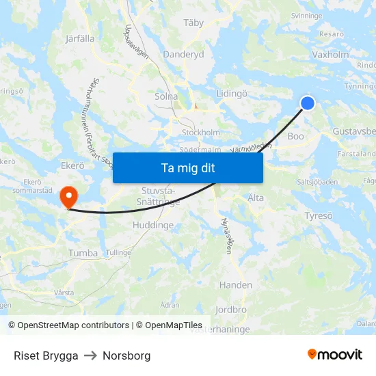 Riset Brygga to Norsborg map