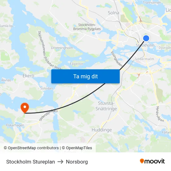 Stockholm Stureplan to Norsborg map
