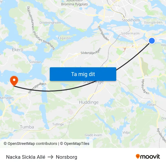 Nacka Sickla Allé to Norsborg map