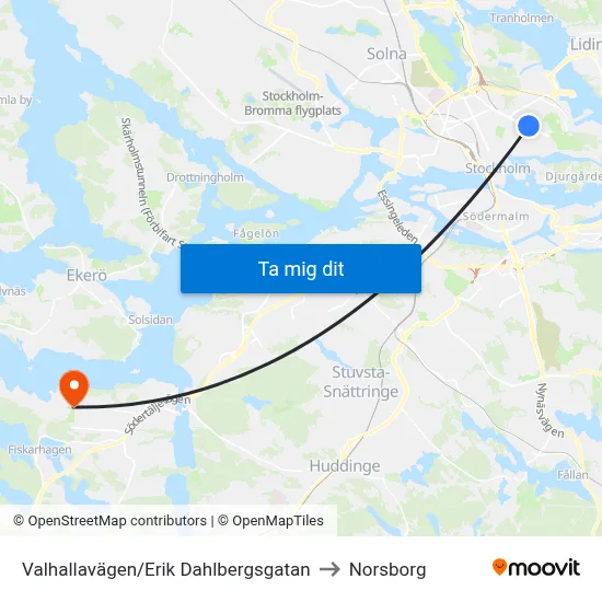 Valhallavägen/Erik Dahlbergsgatan to Norsborg map