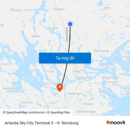 Arlanda Sky City Terminal 5 to Norsborg map