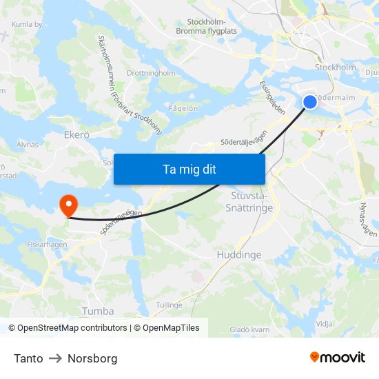 Tanto to Norsborg map